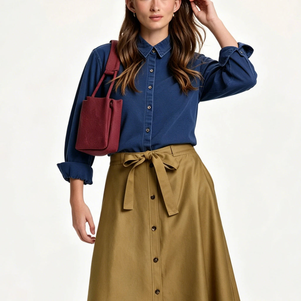 CH Embroidered Denim Long Sleeve Shirt Women Point Collar Regular Fit