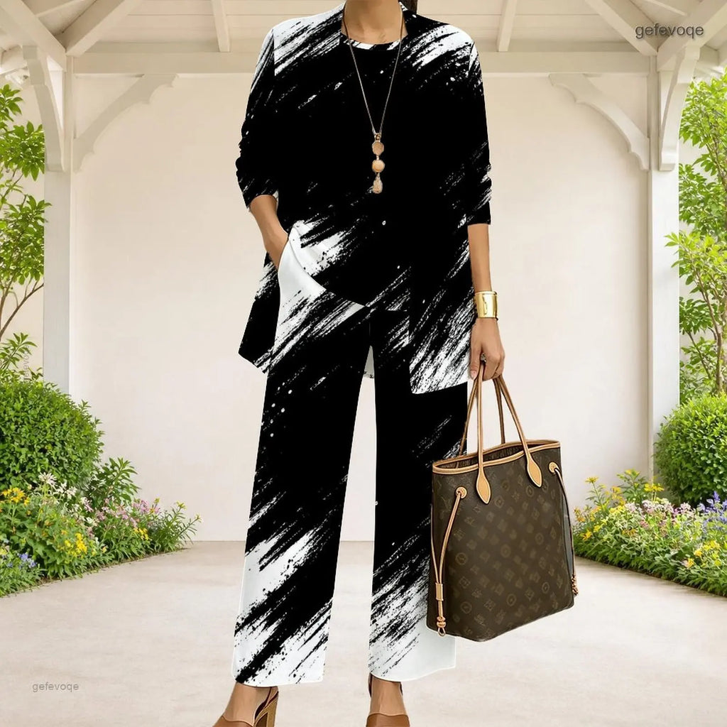 Women Black White Abstract Geometric Printed Long Sleeve Open Front 3