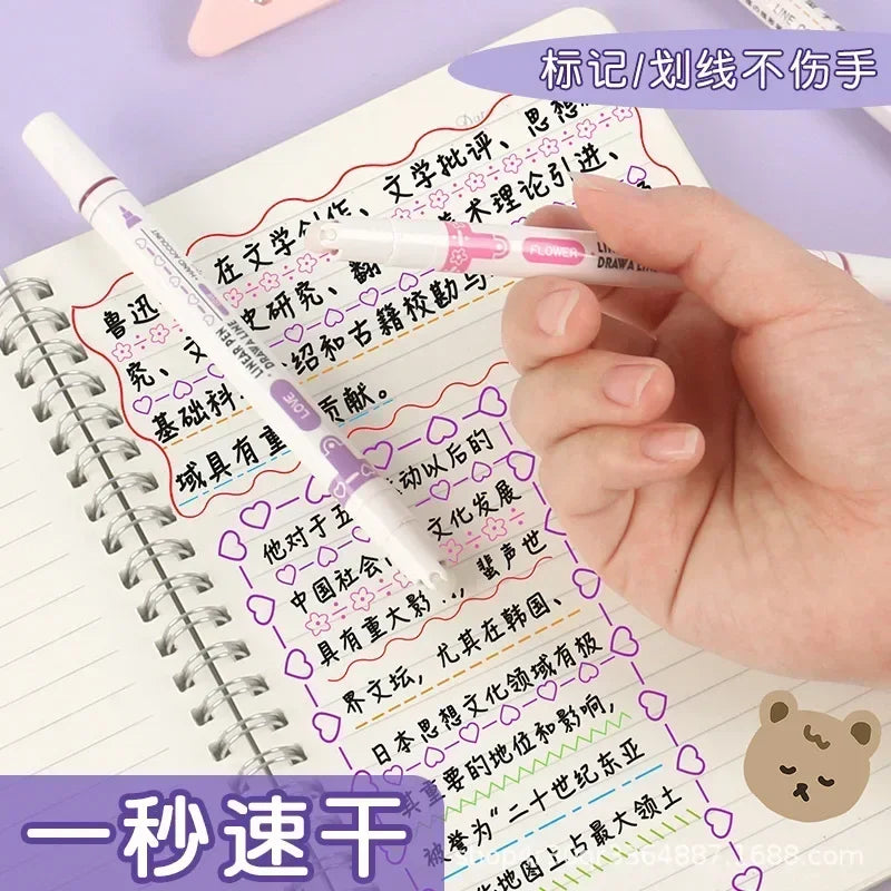 3/6/8pcs Flowers Line Shaped Highlighter Pens Roller Tip Curve Liner