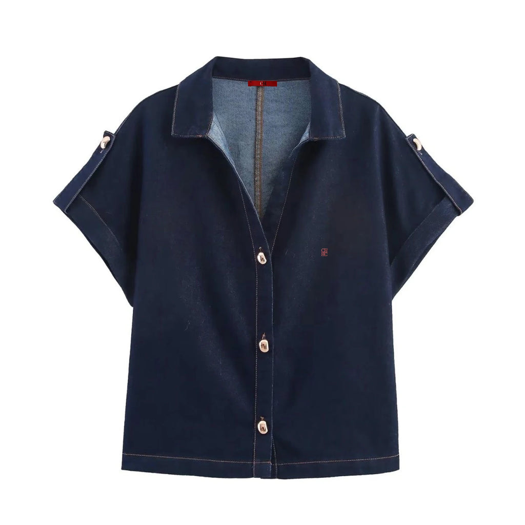 CH Dark Blue Denim Suit Loose Button-Down Denim Shirt High-Waisted