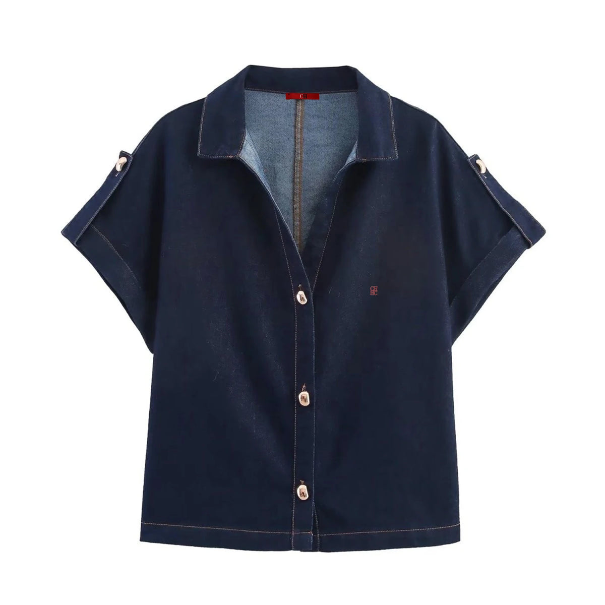 CH Dark Blue Denim Suit Loose Button-Down Denim Shirt High-Waisted