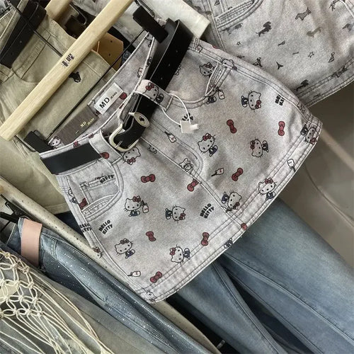 2026 Anime Hello Kitty Bow Printed Denim Skirt for Women Spring Summer