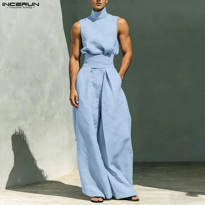 INCERUN Men's Sets Solid Color Turtleneck Sleeveless Vests Pants 2