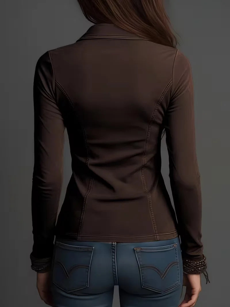 Women's Slim Fit Lapel Shirt, Multi-Color Zipper Closure, Cargo