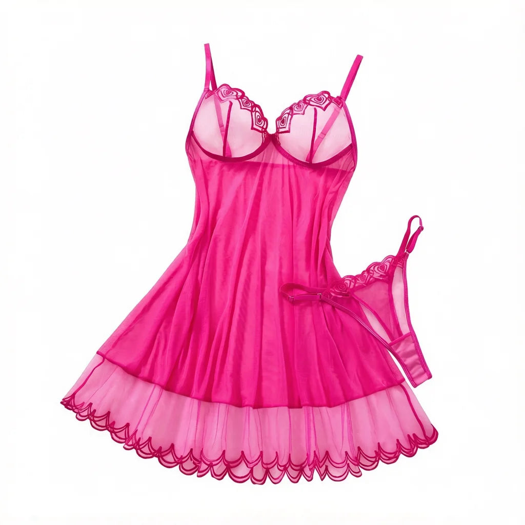 Ladies Hot Pink Sheer Mesh Babydoll Nightgown Floral Lace Embroidery