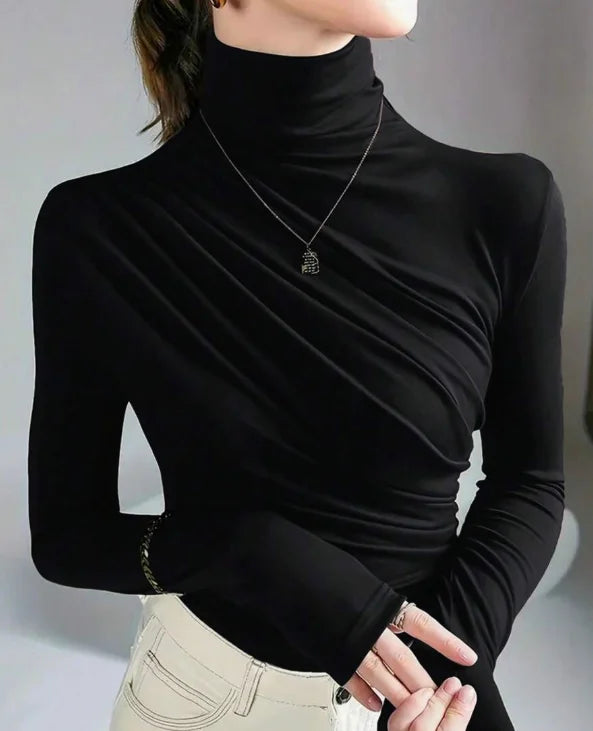 Autumn Women Turtleneck Long Sleeve Top Elegant Diagonal Ruched Slim