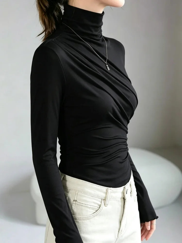 Autumn Women Turtleneck Long Sleeve Top Elegant Diagonal Ruched Slim