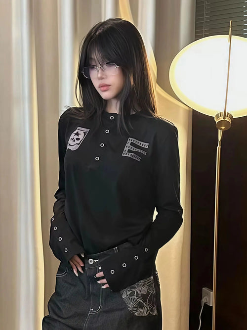 Women Henry Collar Long Sleeve Top Skull Badge Print Eyelet Decor