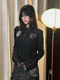 Women Henry Collar Long Sleeve Top Skull Badge Print Eyelet Decor