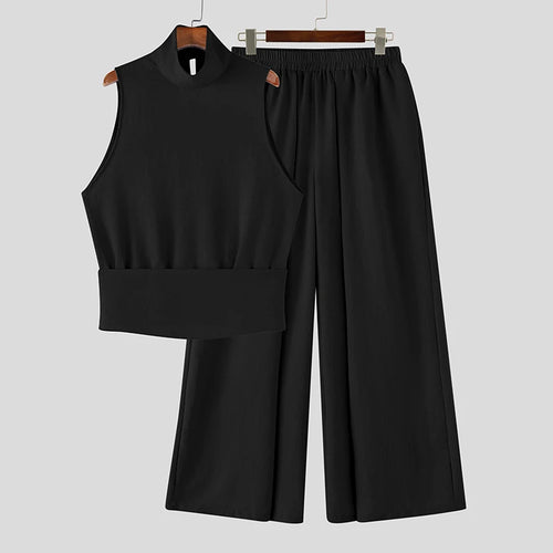 INCERUN Men's Sets Solid Color Turtleneck Sleeveless Vests Pants 2