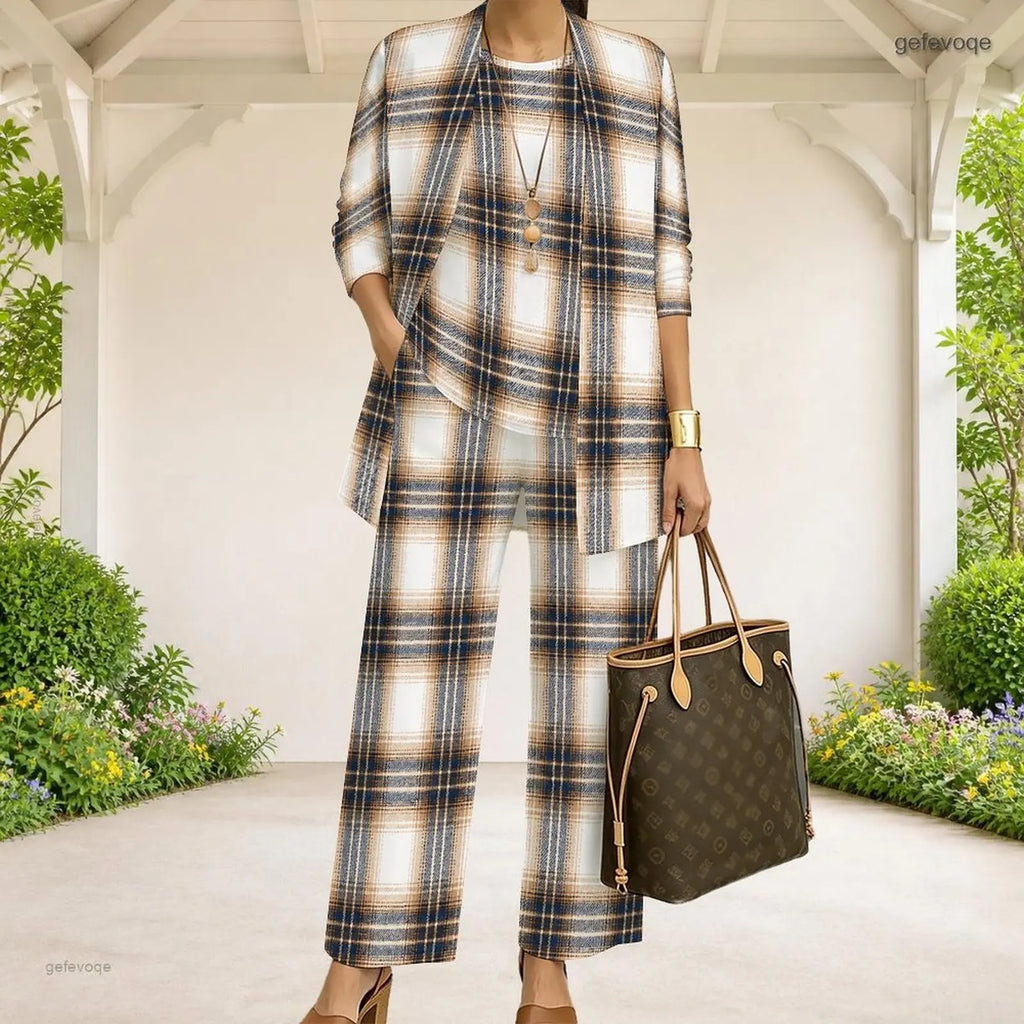 Women White Base Polka Dot Print 3 Piece Pants Set, 3/4 Sleeve