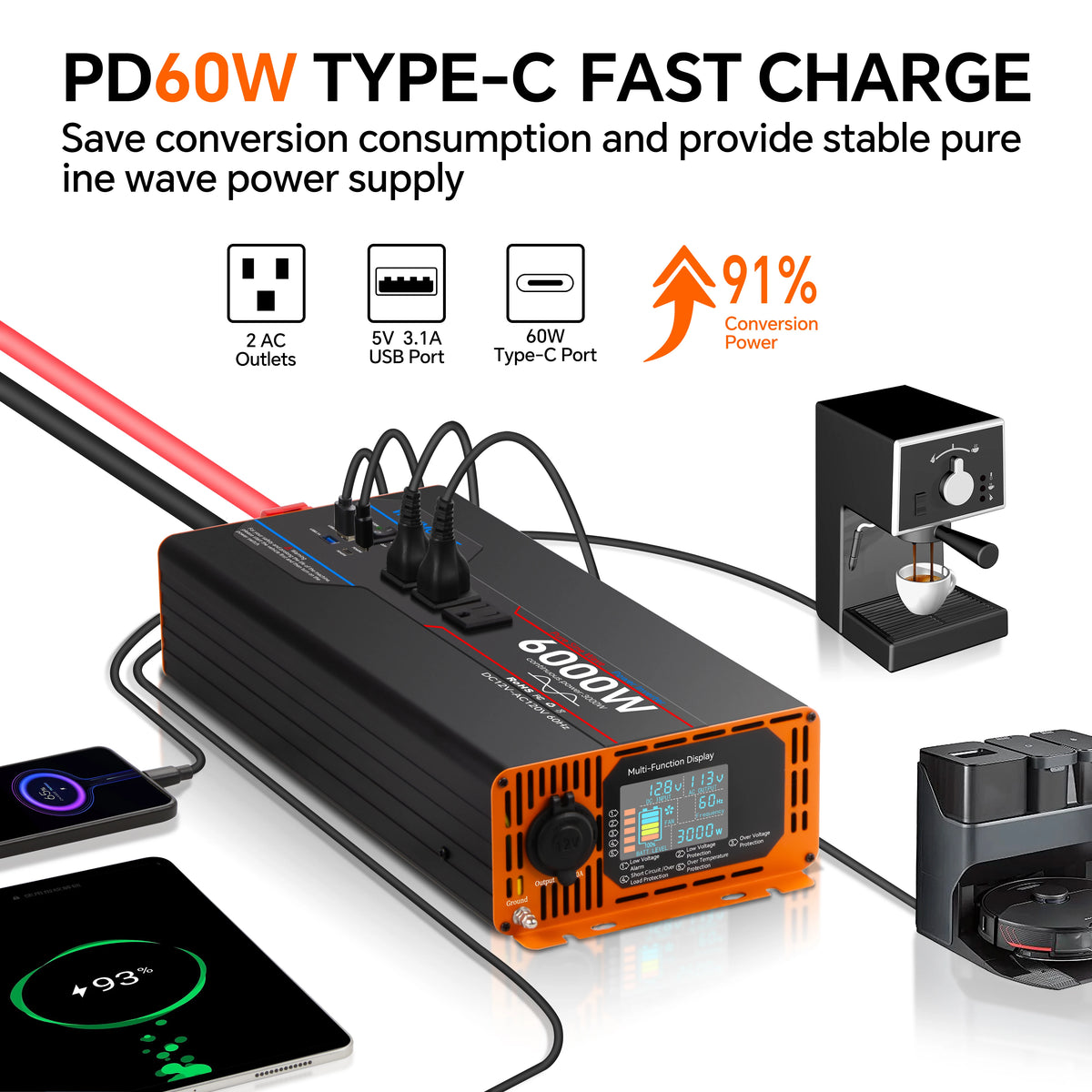 WEIPOER Pure Sine Wave Inverter DC 12V/24V to AC 120V 3000-6000W 60hz
