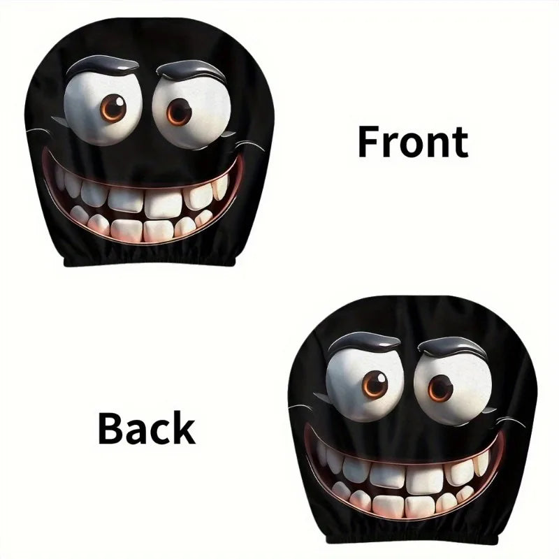 2pcs Funny Big-Eyed Cartoon Print Car Headrest Cover, Suitable For