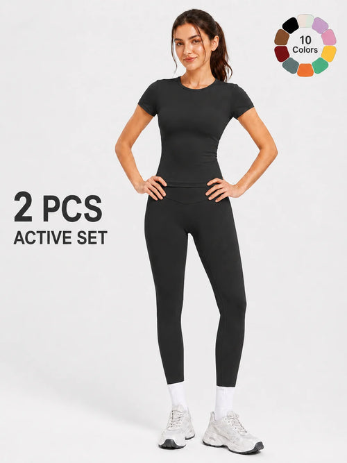 Ladies Sportswear Set (Short Sleeve Top + Long Pants) Fitness Gym