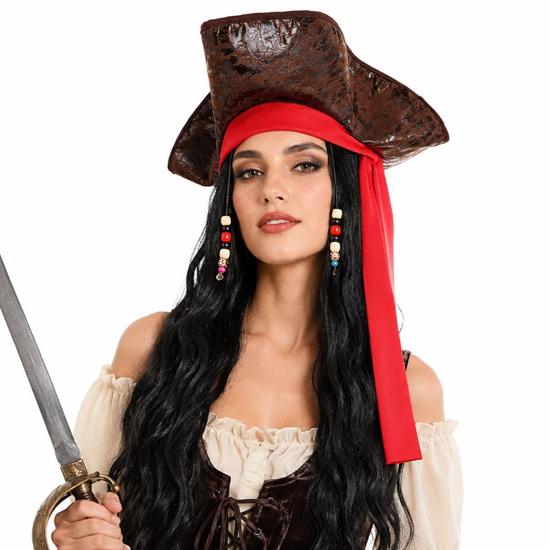 Halloween Pirate Costume Accessory Set Long Black Curly Wig Medieval