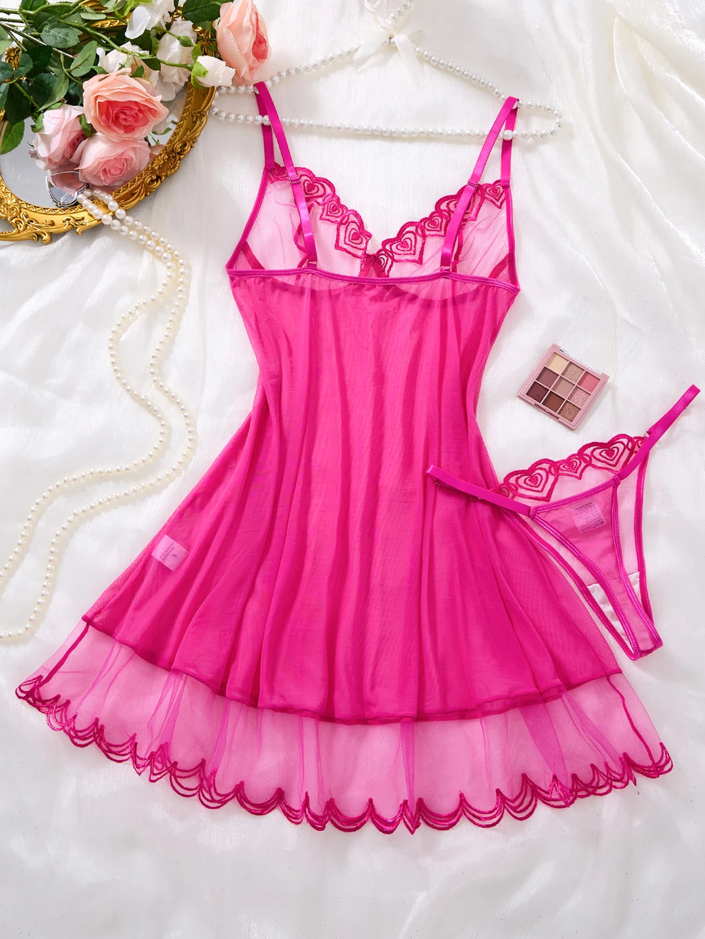 Ladies Hot Pink Sheer Mesh Babydoll Nightgown Floral Lace Embroidery