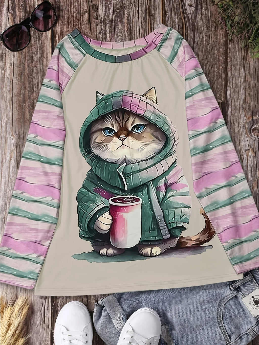 Women's Coffee Cat Print Top White Pink Grey Stripe Sleeve Cute Long