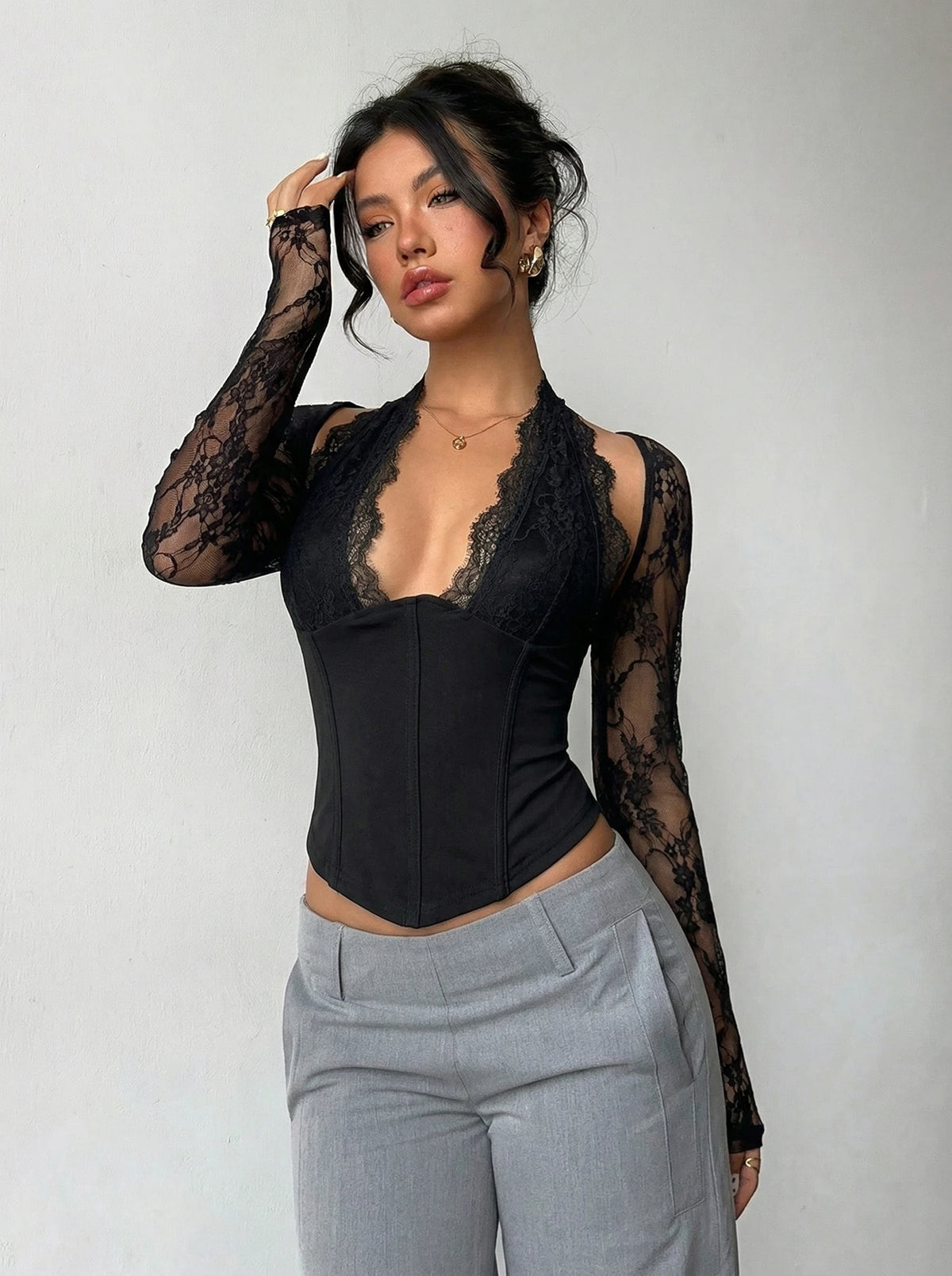 Elegant Women Black Halter Deep V Lace Long Sleeve Top, Slim Corset