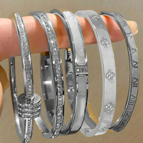 ZAKOL 5/1pcs Sparkling Zirconia Inlaid Stainless Steel Bracelet Set