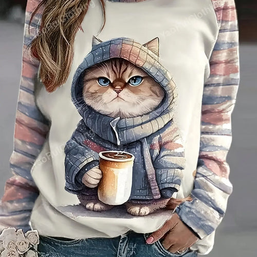Women's Coffee Cat Print Top White Pink Grey Stripe Sleeve Cute Long