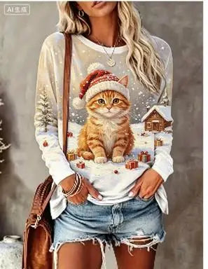 Women Long Sleeve T‑Shirt Christmas Rabbit With Scarf Winter Snow