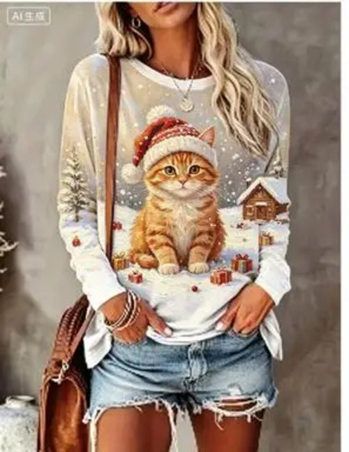 Women Long Sleeve T‑Shirt Christmas Rabbit With Scarf Winter Snow