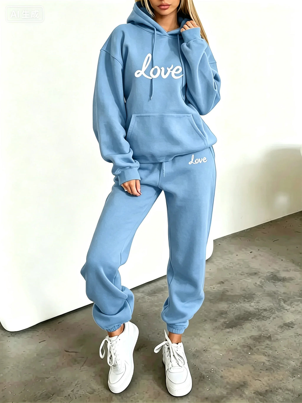 Women Heart Print Hoodie Tracksuit 2 Piece Set Autumn Winter Hooded
