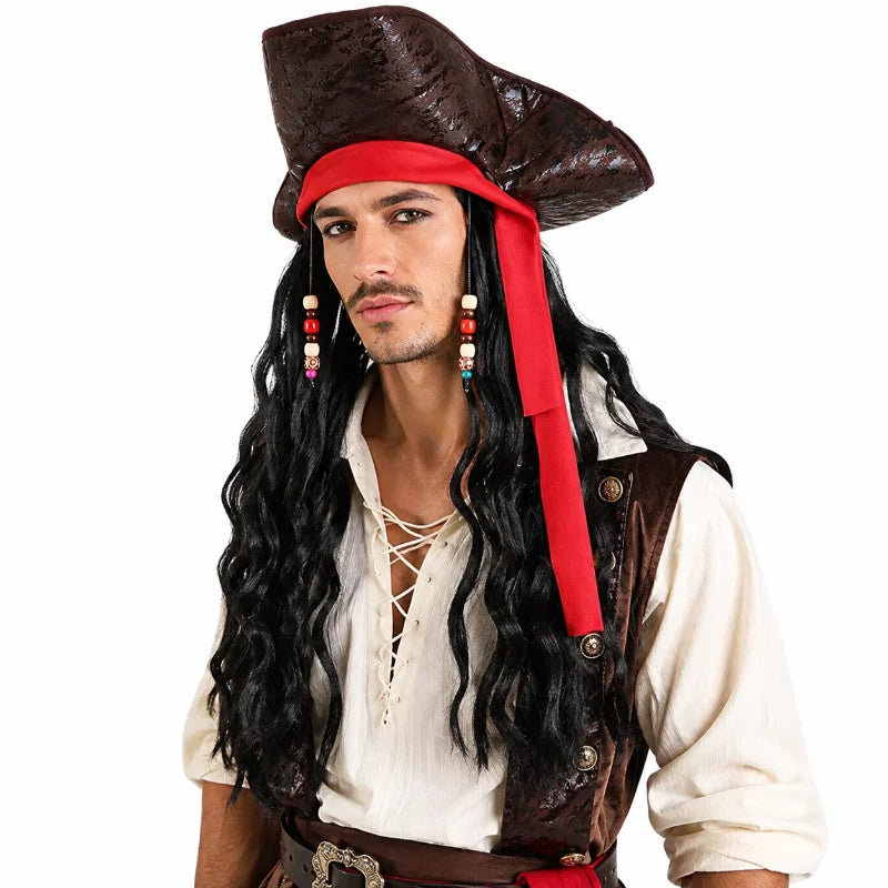 Halloween Pirate Costume Accessory Set Long Black Curly Wig Medieval