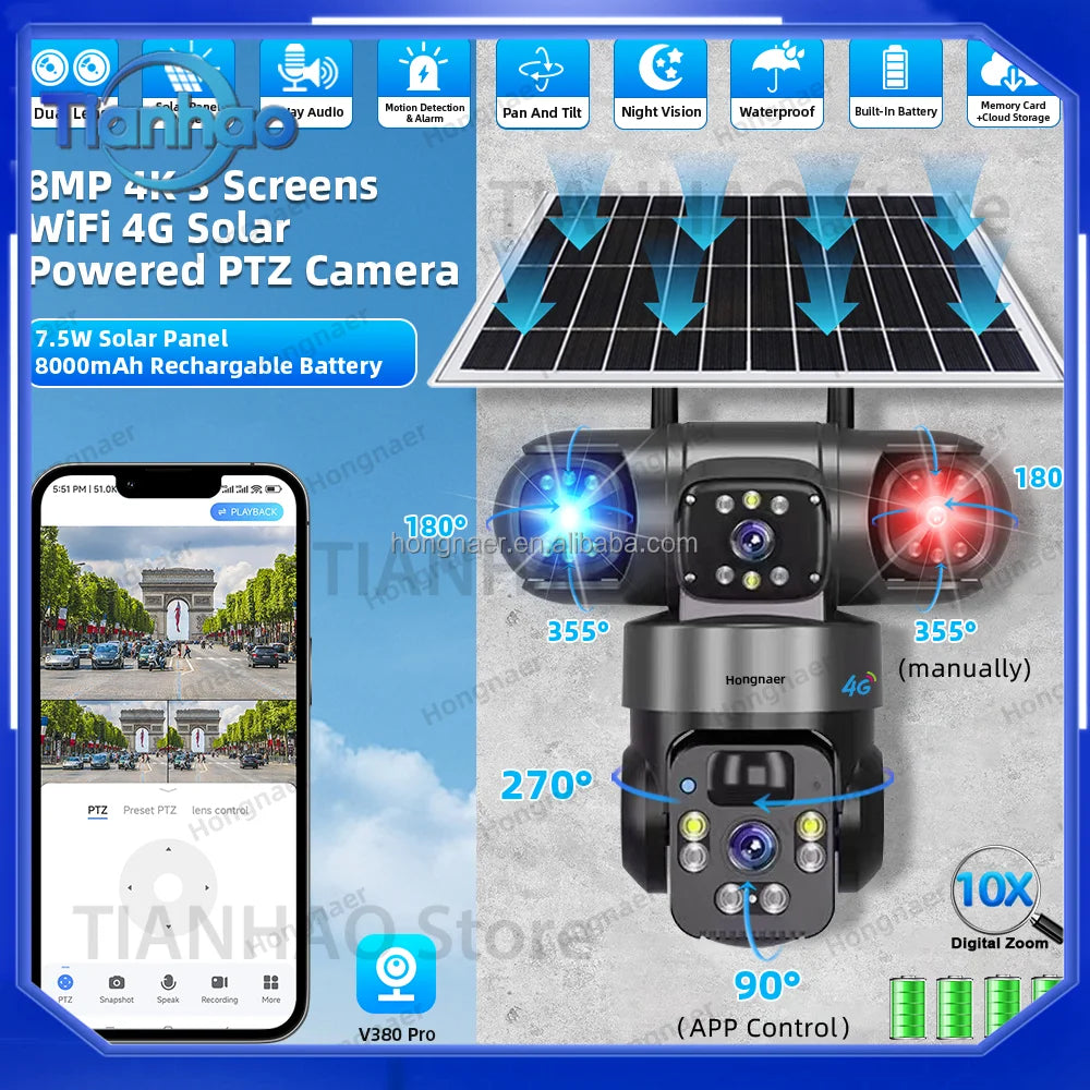 for Hongnaer 8MP 3 Video Wireless Solar PTZ Surveillance Camera V380