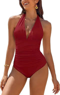 Women Swimwear Sleeveless Deep V Neck Halter Bikini Ruched Waist Back