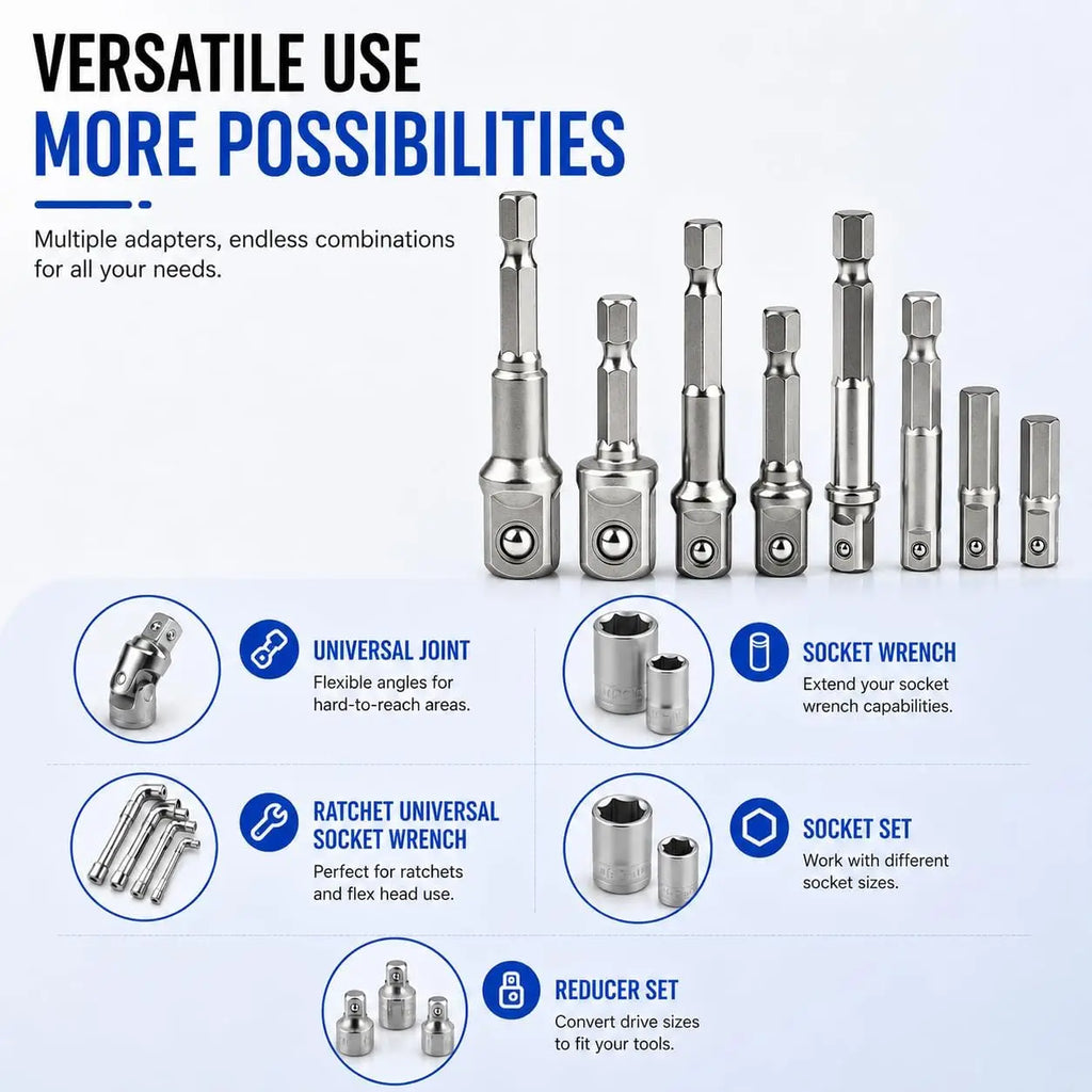 8Pcs Impact Socket Adapter Set, 1/4 3/8 1/2 Hex Shank Square Nut