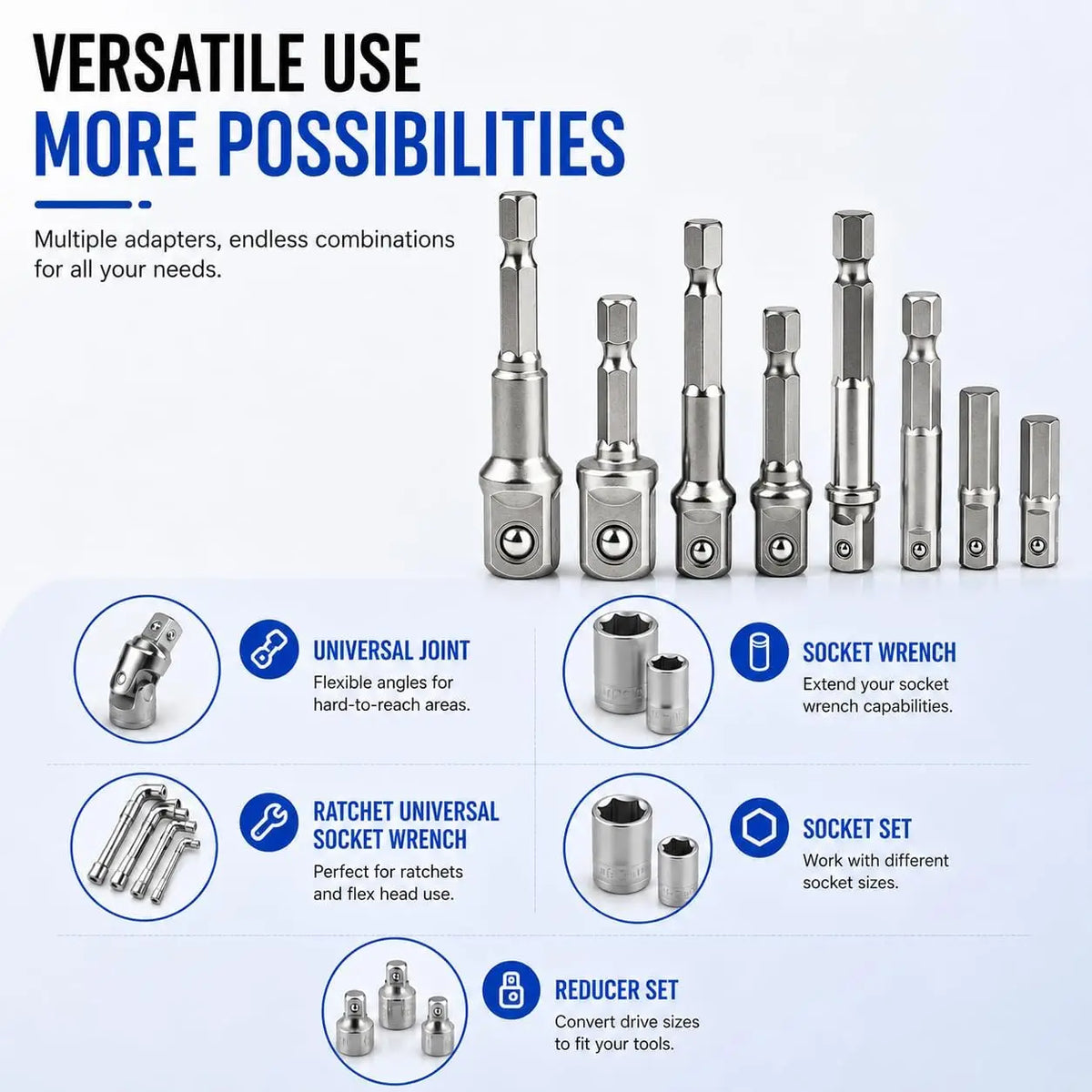 8Pcs Impact Socket Adapter Set, 1/4 3/8 1/2 Hex Shank Square Nut