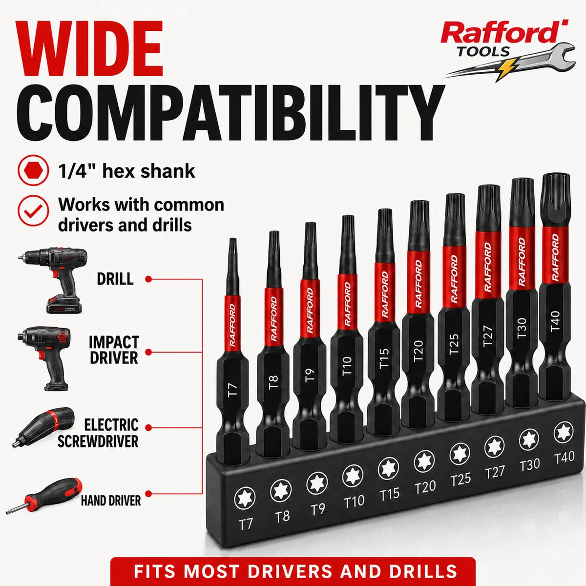Rafford 10PCS Torx Impact Screwdriver Bits Set T7 T8 T9 T10 T15 T20