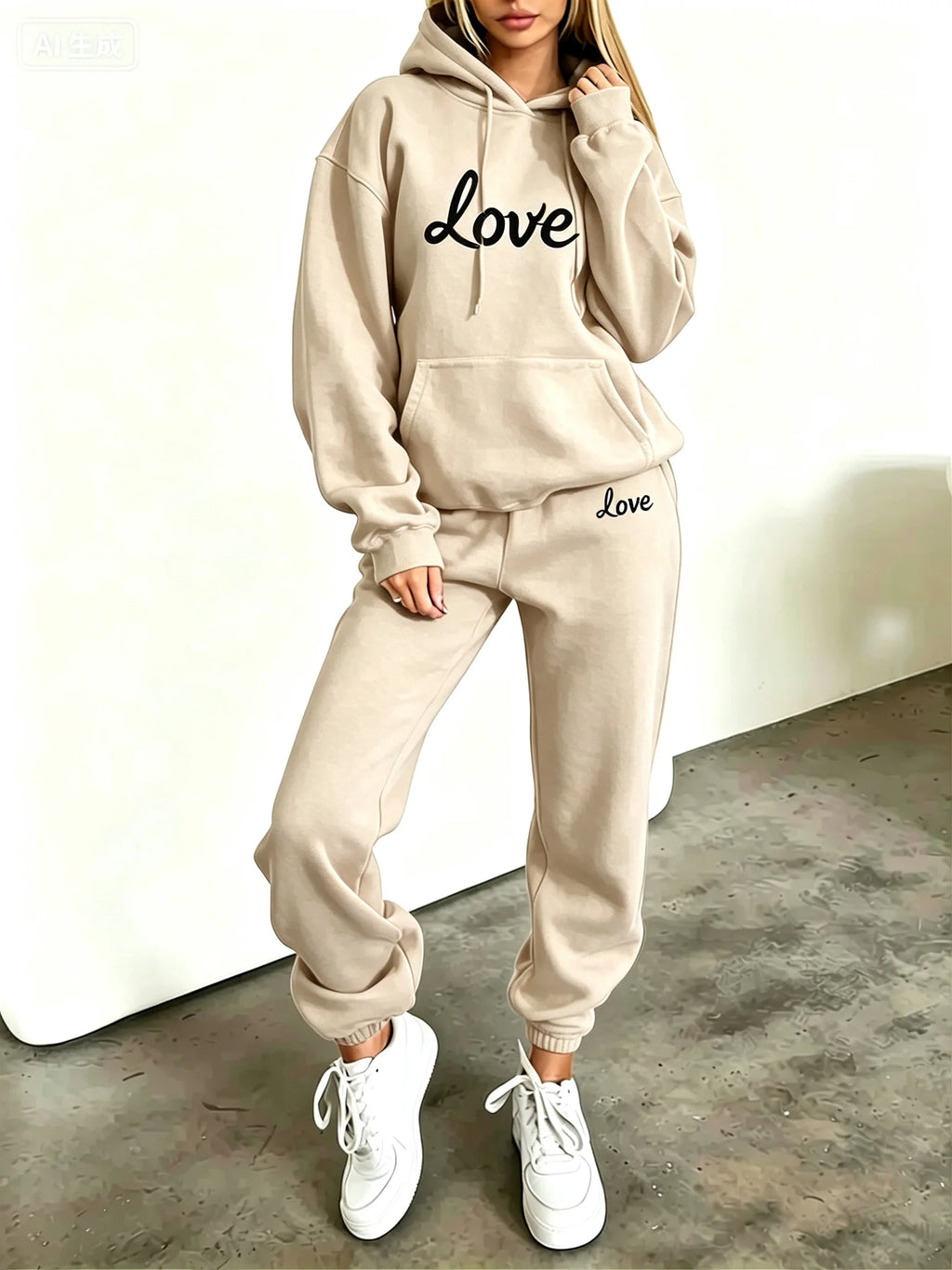 Women Heart Print Hoodie Tracksuit 2 Piece Set Autumn Winter Hooded