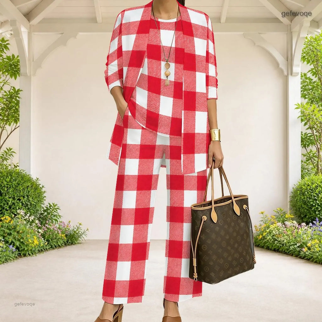 Women White Base Polka Dot Print 3 Piece Pants Set, 3/4 Sleeve