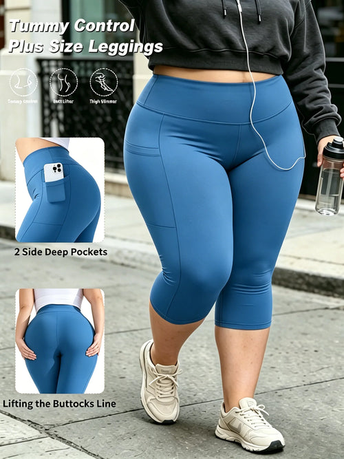 Capri Plus Size Leggings for Women with Pockets-Stretchy  Tummy