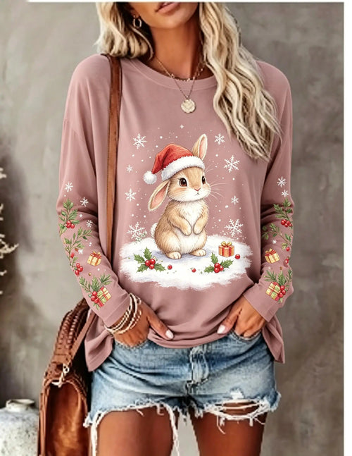 Women Long Sleeve T Shirt Christmas Spotted Deer Santa Hat Snow Forest