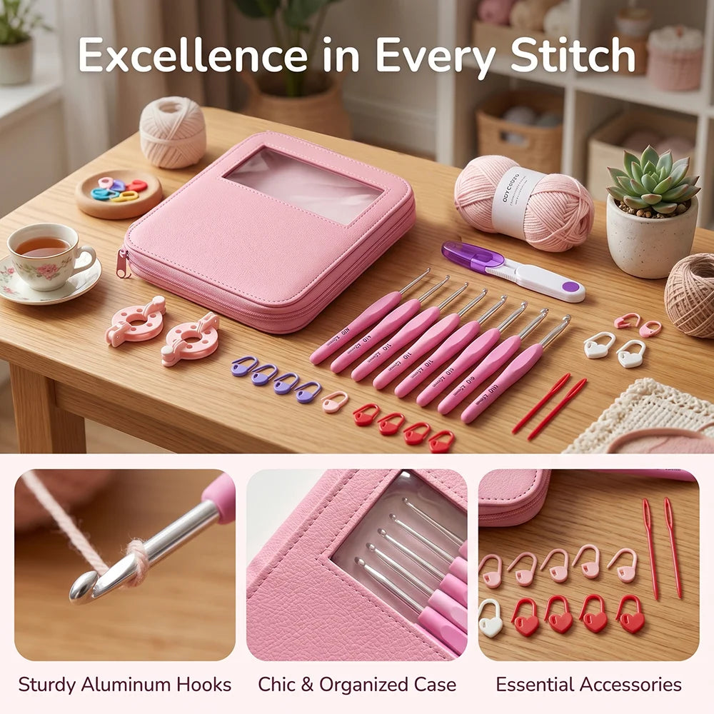 34pcs/set Crochet Hook Kit 2.5-6cm Ergonomic Soft Handle Aluminum