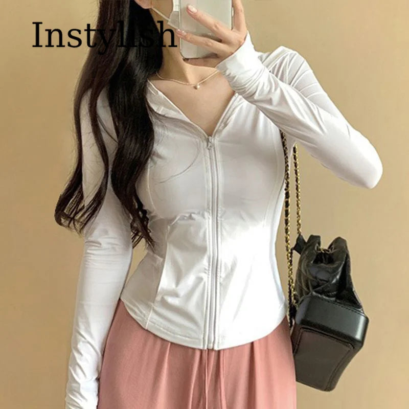 Women Zip Up Hooded Slim Jacket Long Sleeve Thumb Hole Curved Hem
