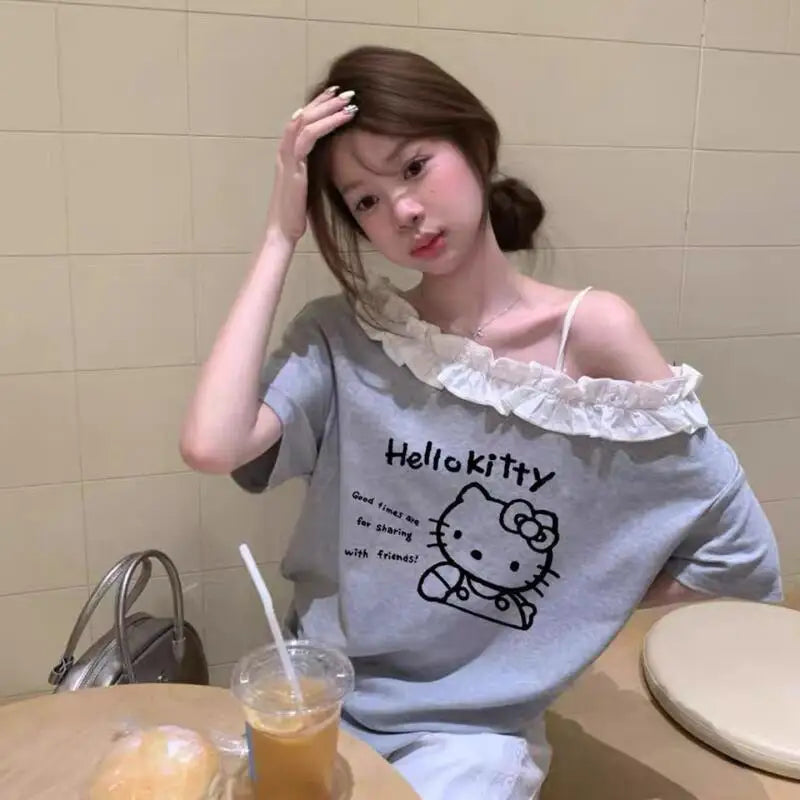 T-Shirt Ruffled Hello Kitty Off Shoulder Short Sleeved Sanrio Loose