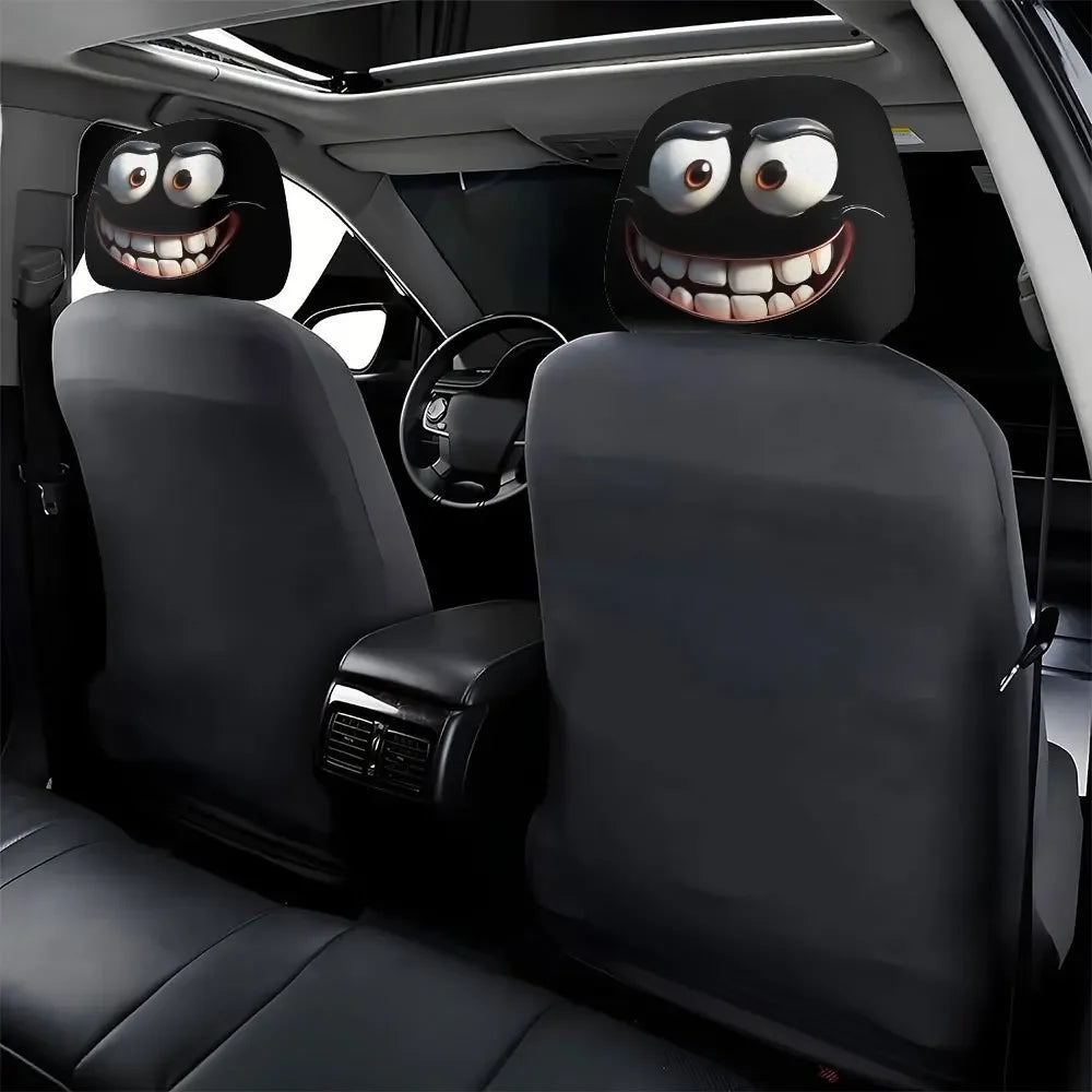 2pcs Funny Big-Eyed Cartoon Print Car Headrest Cover, Suitable For