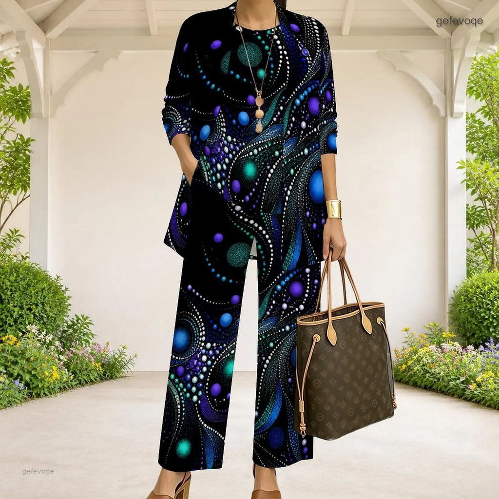 Women Black Dark Green Gold Abstract Swirl Printed 3 Piece Pants Set