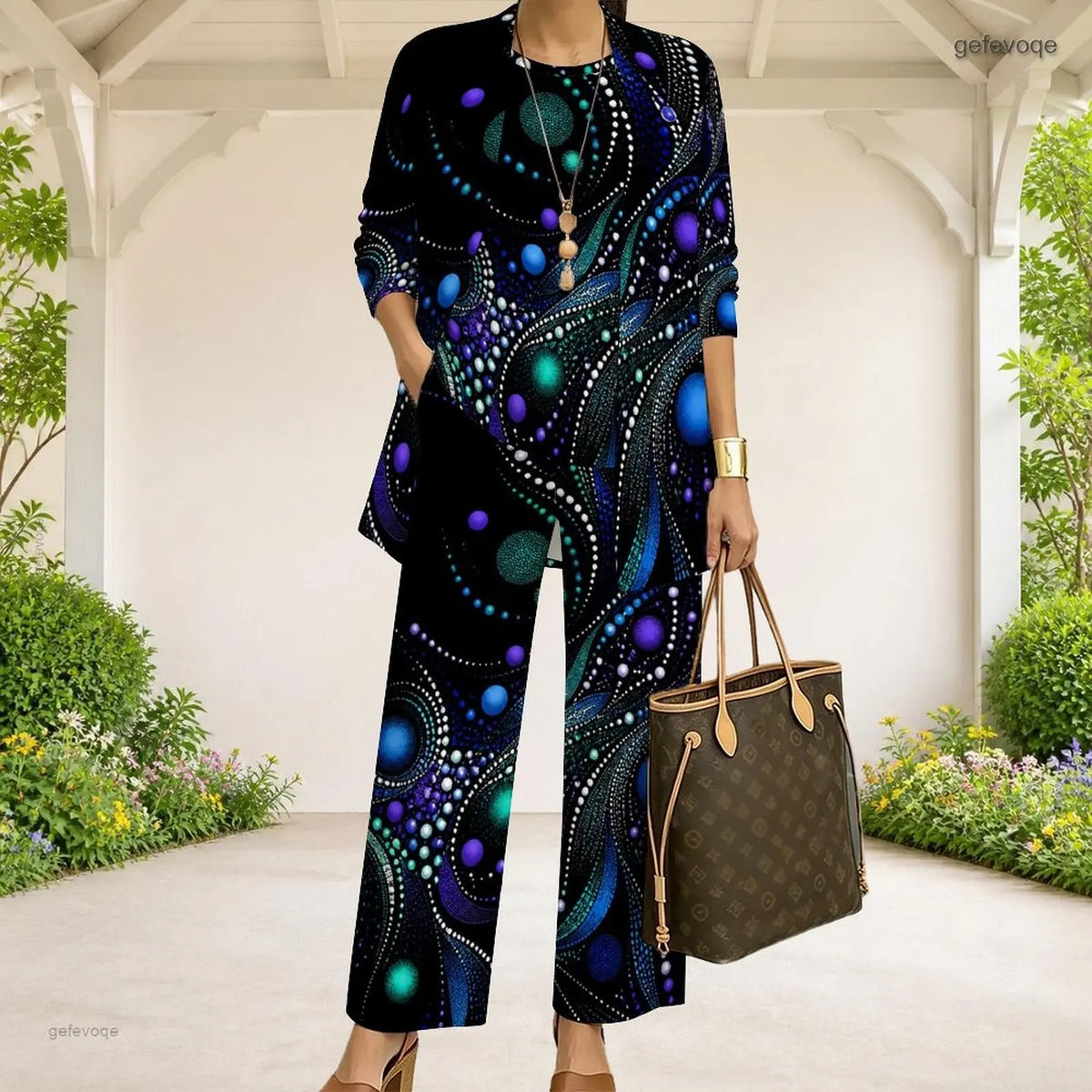 Women Black Dark Green Gold Abstract Swirl Printed 3 Piece Pants Set