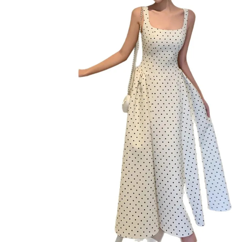 Sleeveless Polka Dot Dress Long Dress French Suspender Dress