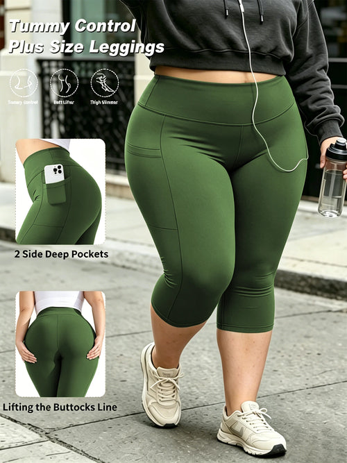 Capri Plus Size Leggings for Women with Pockets-Stretchy  Tummy
