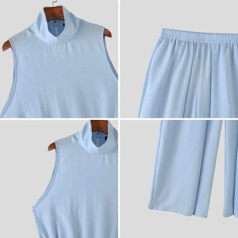 INCERUN Men's Sets Solid Color Turtleneck Sleeveless Vests Pants 2