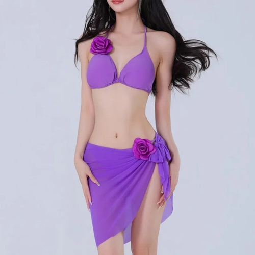 2026 New Women's Thai Style Yellow Floral 3 Piece Swimsuit Set Sexy