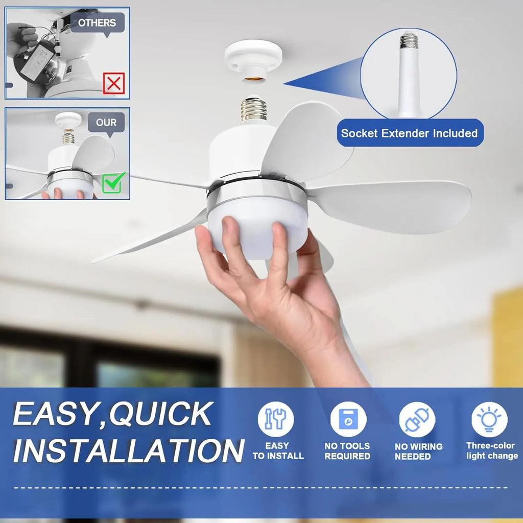 Socket Fan Light with Remote, Small Ceiling Fan with LED, E26/E27+B22
