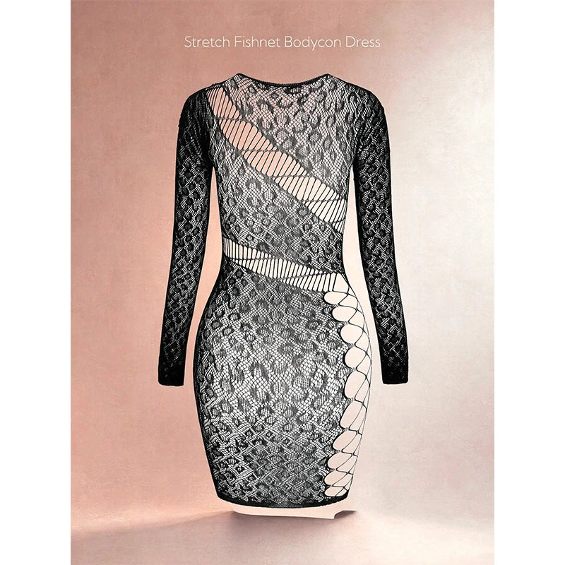 Hollow Out Fishnet Beach Cover Up Bodycon Dress, Sheer Mesh Festival