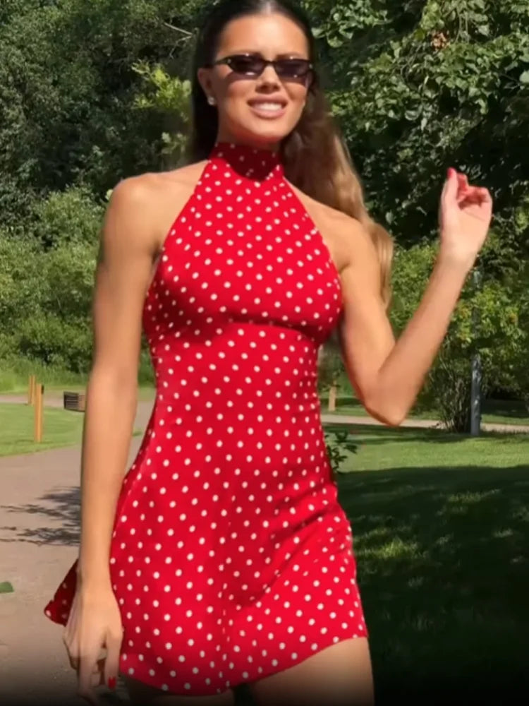 Halter Dot Printed Dresses For Women Fashion Sexy Streetwear Backless